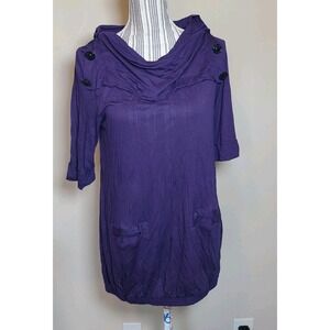 To The Max Tunic Shirt Purple Half Sleeve Long Elastic Seam Buttoned Cowl Neck M